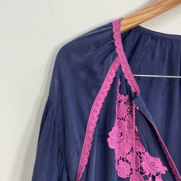 Line + Dot Embroidered Midi Dress Puffed Sleeves Small Blue - Picture 3 of 12